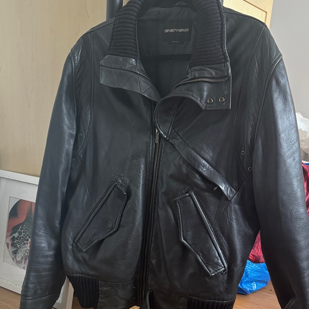 Emporio Armani Dark Leather Bomber Jacket